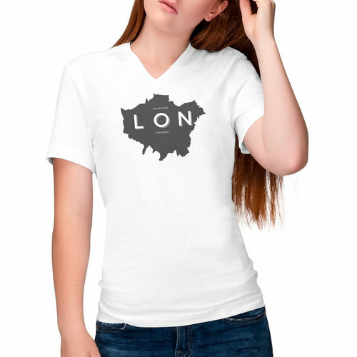 Eco - friendly 100% Premium Organic Cotton Women's V - neck Sustainable T-Shirt - London Map - Soil and Body